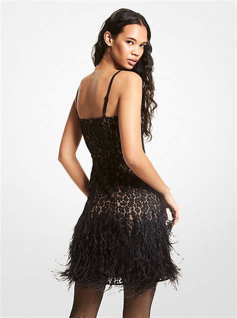 Feather Embellished Corded Lace Dress 